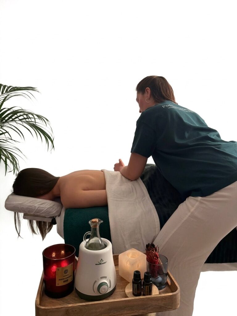 Entspannende Liegemassage mit ätherischen Ölen und Kerzenlicht bei Pedra Mobile Massage